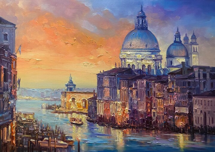 Painting titled ""Venice”" by Artem Grunyka, Original Artwork, Oil Mounted on Wood Stretcher frame