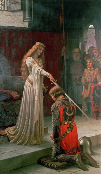 Schilderij getiteld "L'Adoubement" door Edmund Leighton, Origineel Kunstwerk, Olie