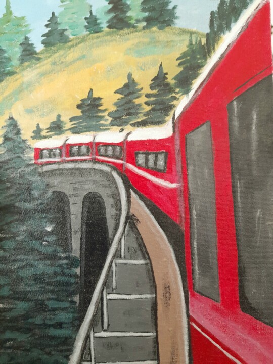 Red train original acrylic painting 绘画, 11.8x7.9 in