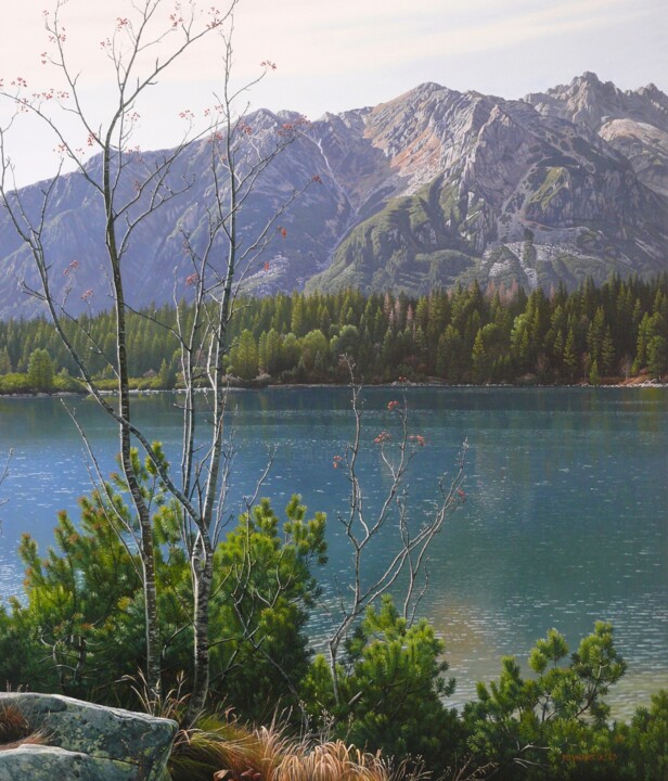Painting titled "Late autumn at a mo…" by Emil Mlynarcik, Original Artwork, Oil Mounted on Wood Stretcher frame