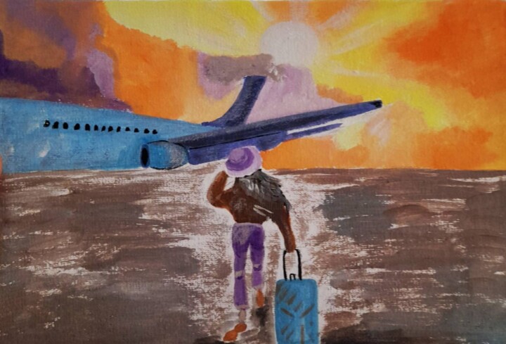 Landing plane original acrylic painting 绘画, 5.9x8.7 in