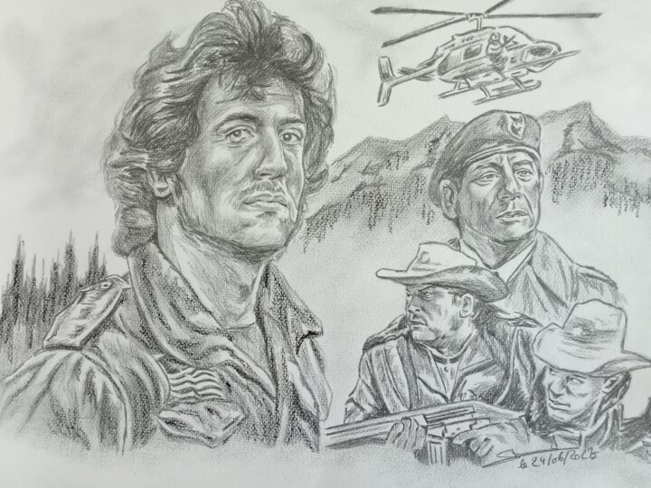 Illustration du film Rambo First Blood réalisé aux crayons 图画, 11.7x16.5 in
