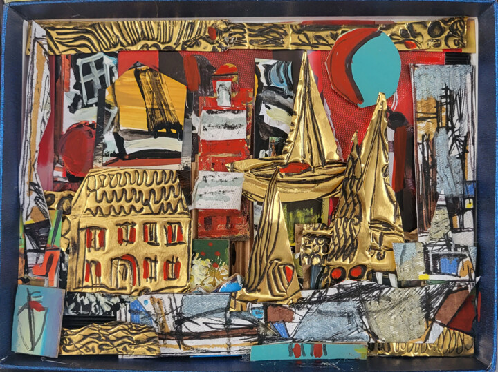 Pintura intitulada "Les petites boîtes…" por Muriel Cayet, Obras de arte originais, Colagens