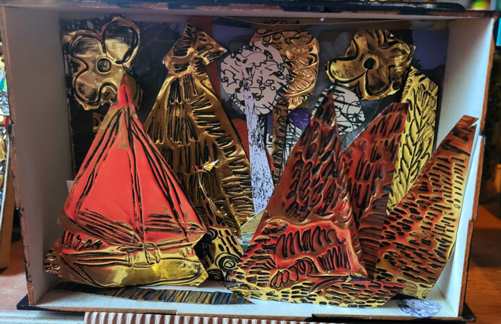 Pintura intitulada "Les petites boîtes…" por Muriel Cayet, Obras de arte originais, Colagens