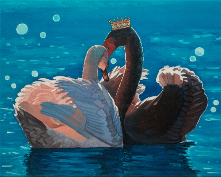 Royal couple black and white swan 绘画, 16x20 in