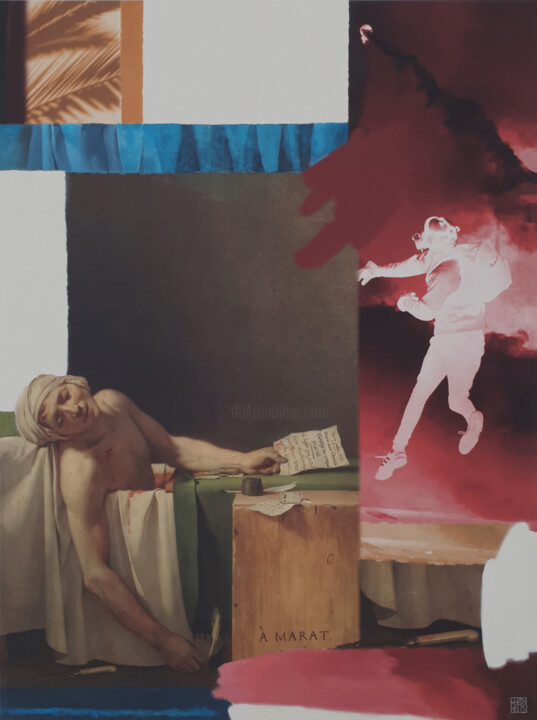 Marat, le bain, le couteau dans un nuage de gaz lacrymogène 绘画, 63x47.2 in