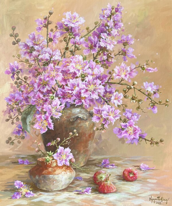 Painting titled "Lọ bằng lăng ("A va…" by Thi Dung Nguyen, Original Artwork, Acrylic