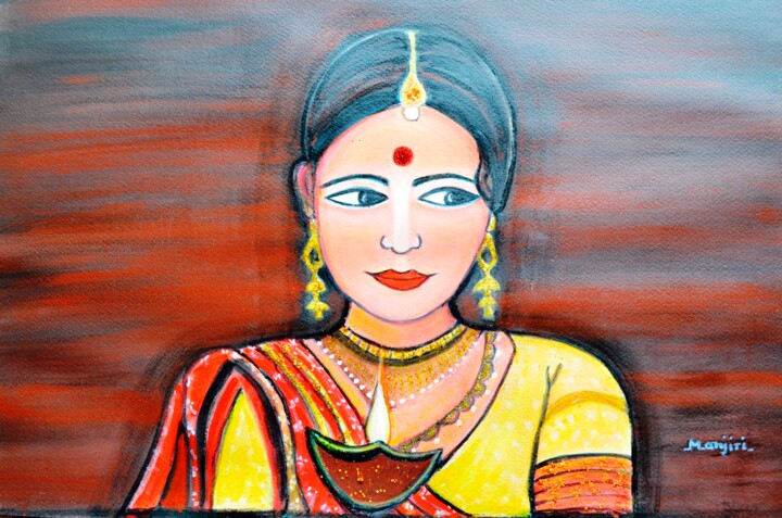 Indian Lady with a lamp glittering figurative art 绘画, 15x22 in