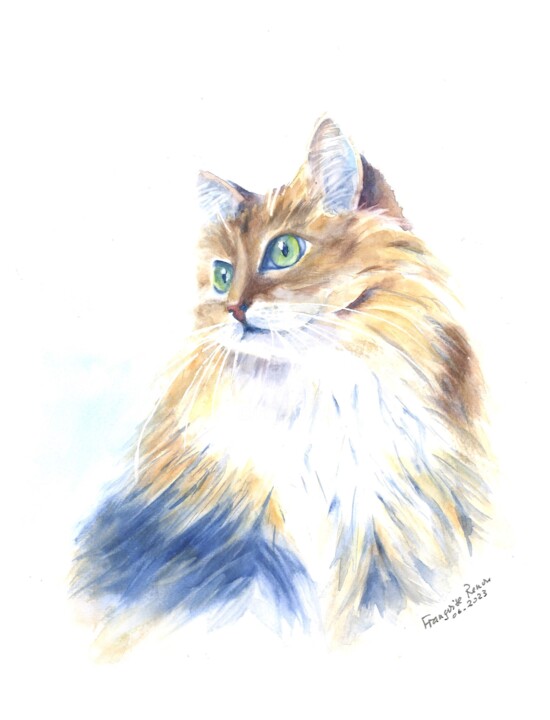 Peinture intitulée "Chat aux yeux vert…" par Françoise Renou, Œuvre d'art originale, Aquarelle
