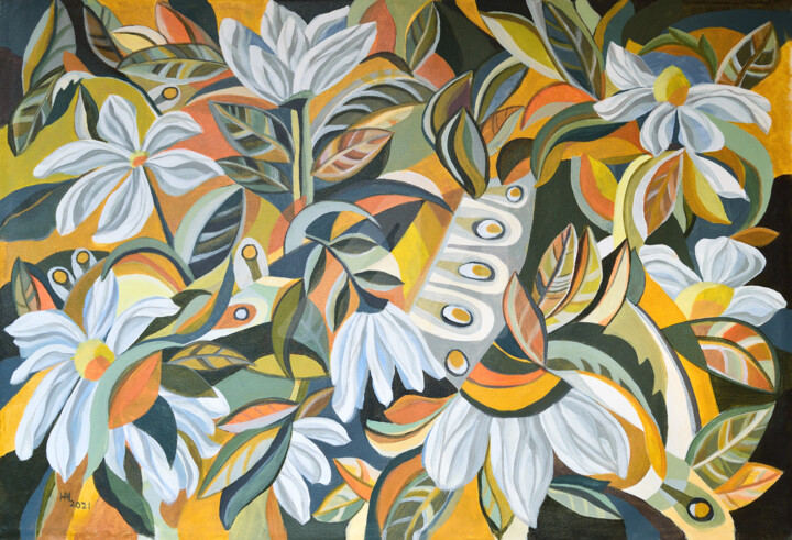 Peacock hiding in the flower garden 绘画, 27.6x39.4 in