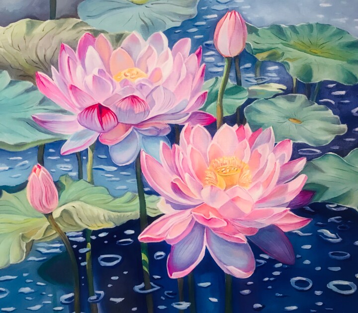 Schilderij getiteld "Magic lotus" door Olga Volna, Origineel Kunstwerk, Olie