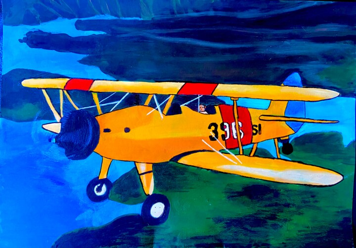 Biplan Boeing Stearman E 75 ( Airplane under the sea) 绘画, 12.6x15.8 in