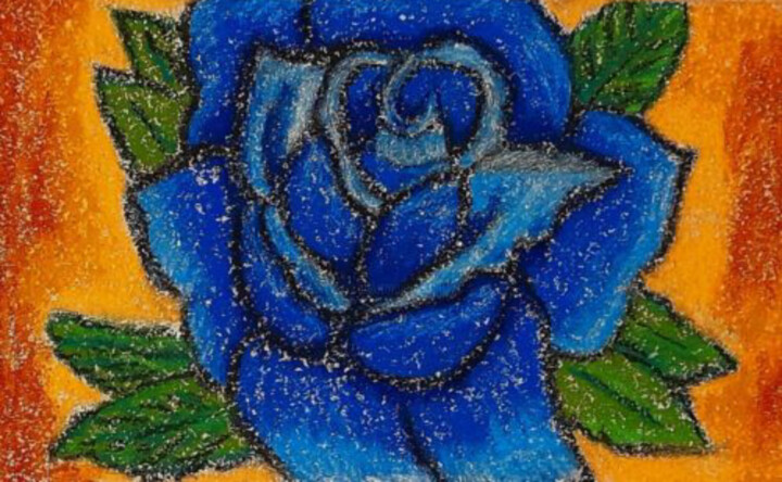 Blue rose original oil pastel drawing 图画, 5.5x9.1 in