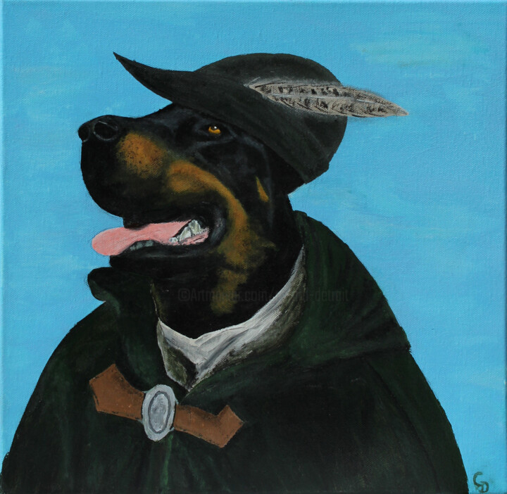 320 - Robin des chiens 绘画, 15.8x15.8 in