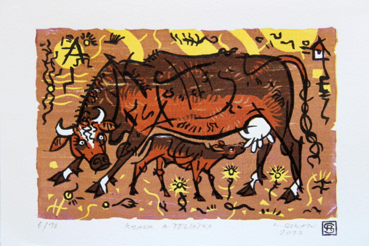Cow and calf. 印花与版画, 4.9x7.4 in