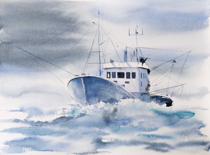 Painting titled ""Dance of the Waves…" by Yuriy Kraft, Original Artwork, Watercolor