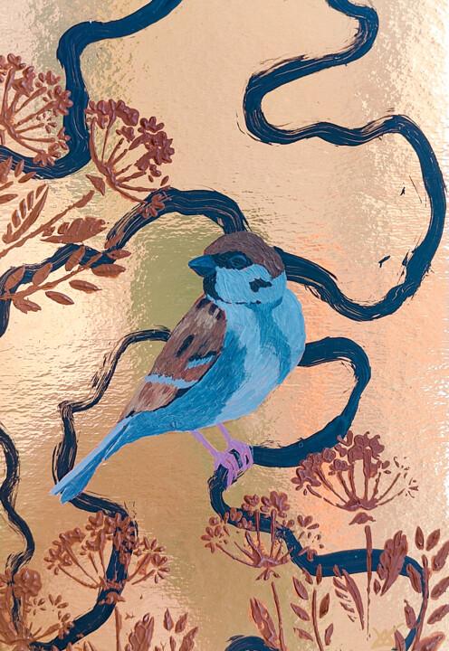 Sparrow - bird, plants, gold, abstract, animalistic 绘画, 7.9x5.1 in