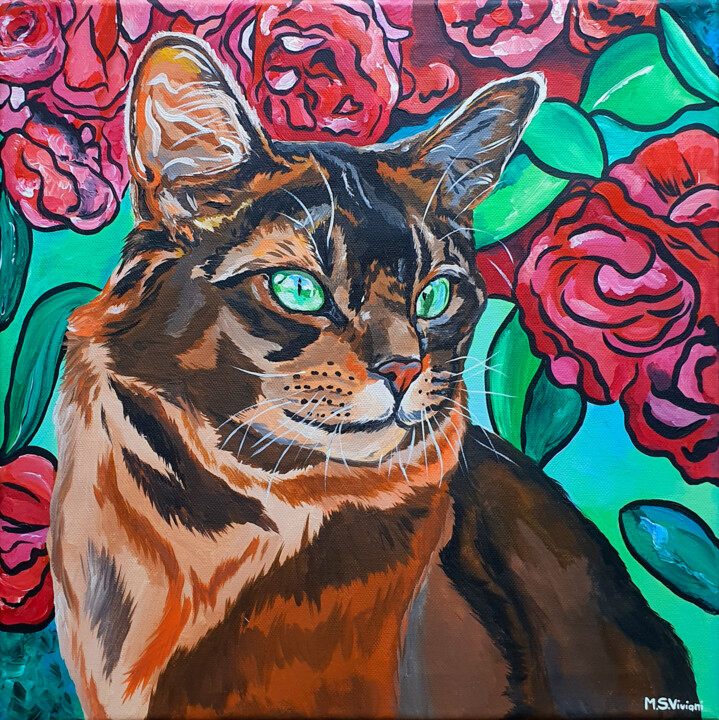 Cat and peonies 绘画, 15.8x15.8 in