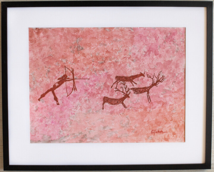 Prehistoric hunter. THE PAINTING IS FRAMED 绘画, 11.8x15.8 in
