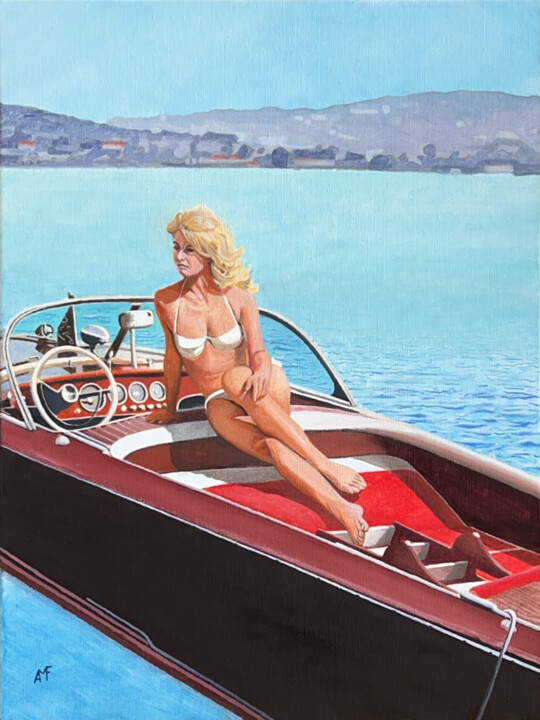 Peinture intitulée "La Belle au Riva 3" par Arnaud Feuga, Œuvre d'art originale, Huile Monté sur Châssis en bois