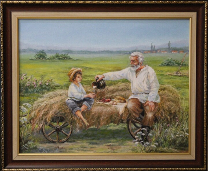 Painting titled "Hay-flavoured break…" by Svetlana Verisova /Brezashka/, Original Artwork, Oil Mounted on Wood Stretcher fra…