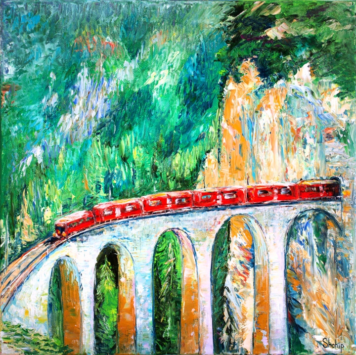 Travel on the Red Train in Switzerland Schilderij, 15,8x15,8 in