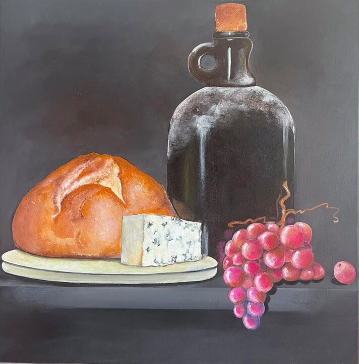 Бутылка, хлеб, сыр и виноград 绘画, 19.7x19.7 in