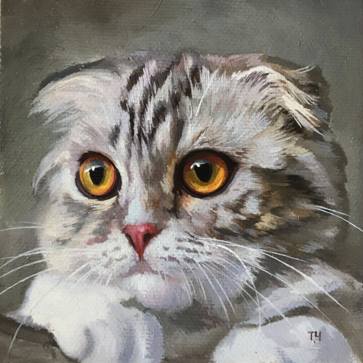 Miniature "Lop-eared kitten" 绘画, 3.9x3.9 in