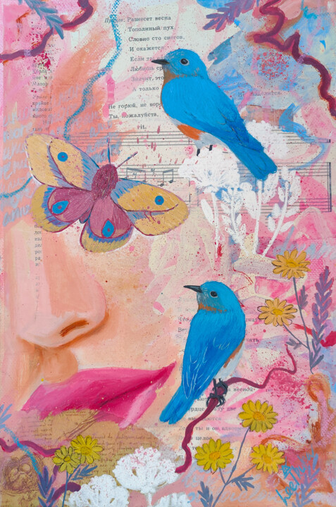 Summer Song - oil, acrylic, canvas, butterfly, birds, girl 绘画, 11.8x7.9 in