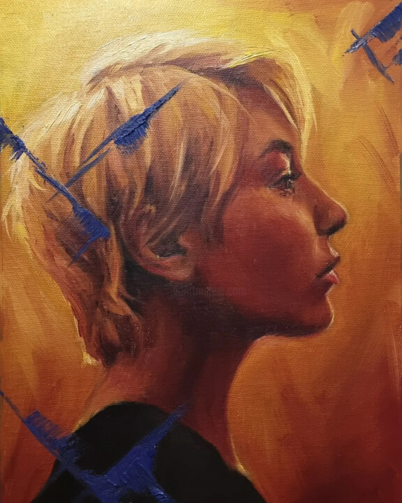 Oil portrait in yellow & ochre 0723-02 绘画, 12x9 in