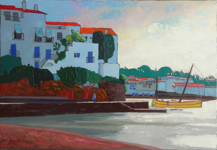 Schilderij getiteld "Matin à Cadaqués" door Jacques Peyrelevade, Origineel Kunstwerk, Olie Gemonteerd op Frame voor houten b…