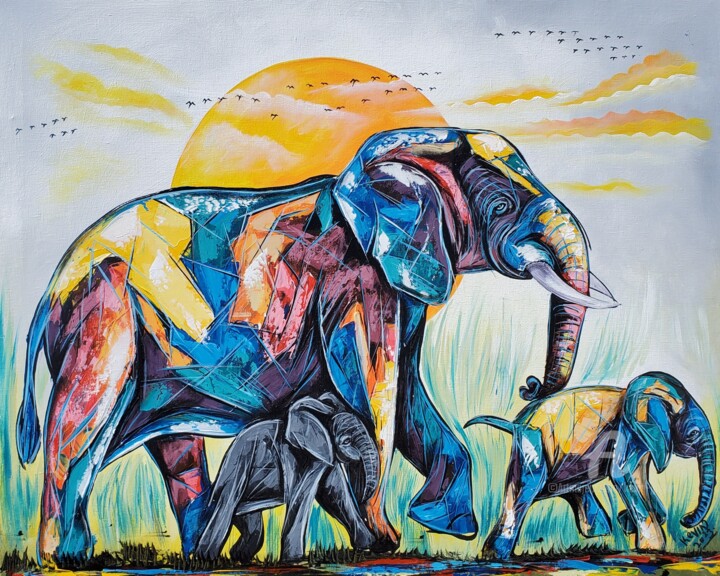 Sunset elephants 绘画, 35.4x47.2 in