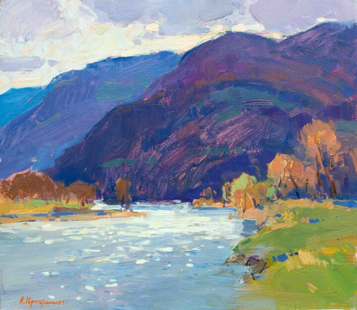 "The Tisza river. Ap…" başlıklı Tablo Aleksander Kryushyn tarafından, Orijinal sanat, Petrol Ahşap panel üzerine monte edilm…