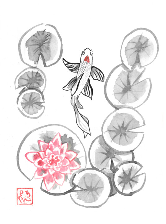 nenuphars and carp koi 图画, 15.8x11.8 in