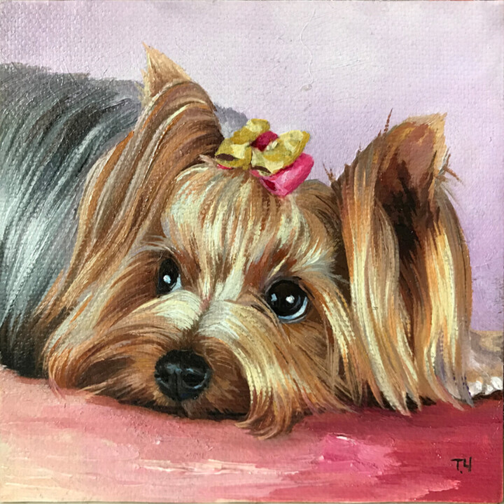 Miniature "Yorkshire Terrier" 绘画, 3.9x3.9 in