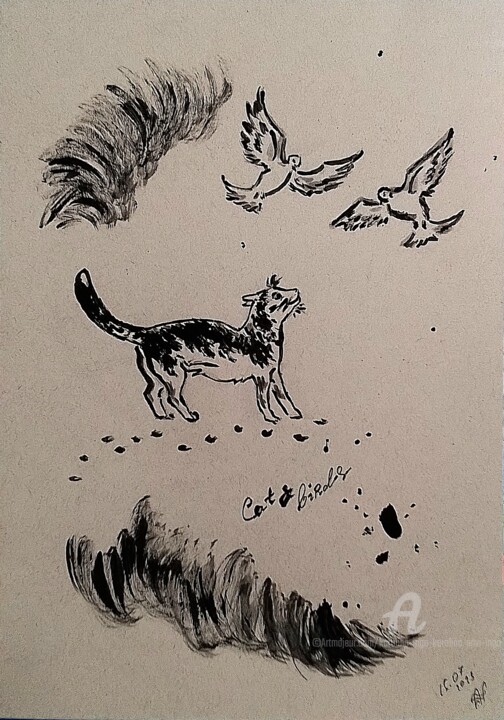 Dessin intitulée "Cat and Birds" par Karolina Ingo (Karolina Navi -Ingo), Œuvre d'art originale, Acrylique