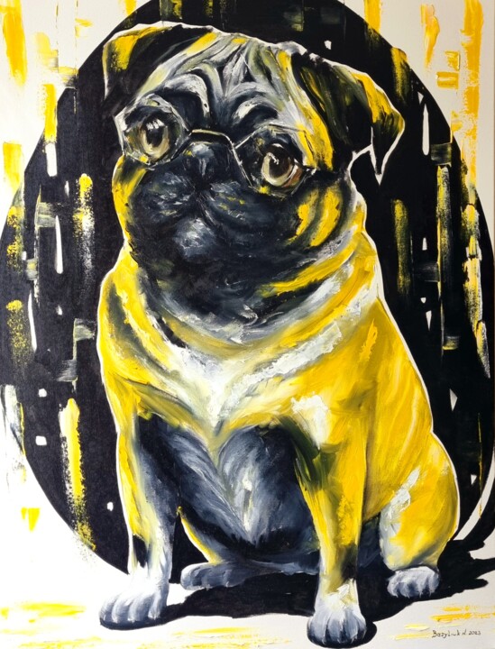 Oilpainting on canvas dog Pug 绘画, 31.5x23.6 in