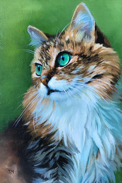 Miniature "Сat with green eyes" 绘画, 5.9x3.9 in