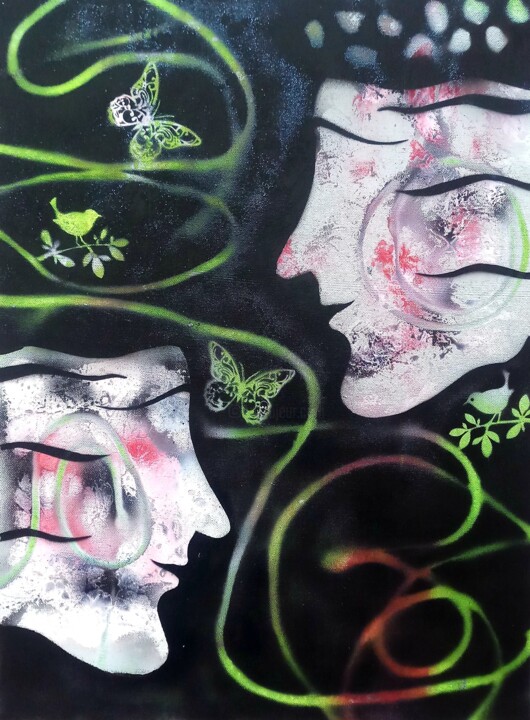 Pintura titulada "Conversation-01" por Prashant Sharma, Obra de arte original, Pintura al aerosol Montado en Bastidor de cam…