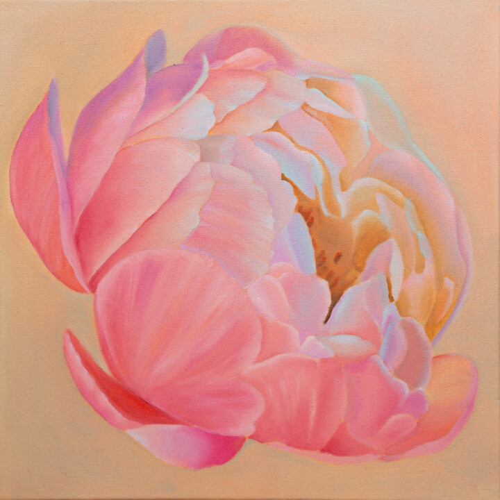 Schilderij getiteld "Coral pink peony fl…" door Nelia Hryhorenko, Origineel Kunstwerk, Olie Gemonteerd op Frame voor houten…