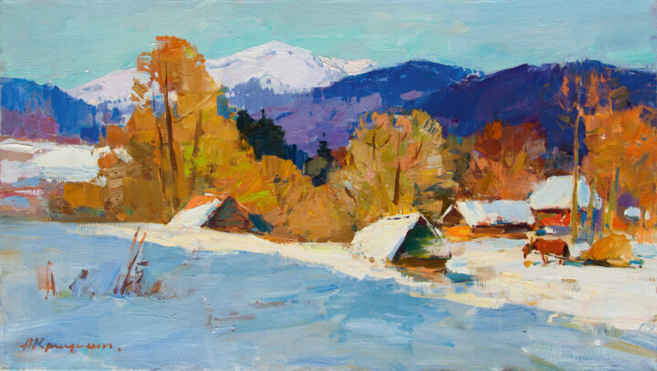 Painting titled "Snowy Morning" by Aleksander Kryushyn, Original Artwork, Oil Mounted on Wood Stretcher frame