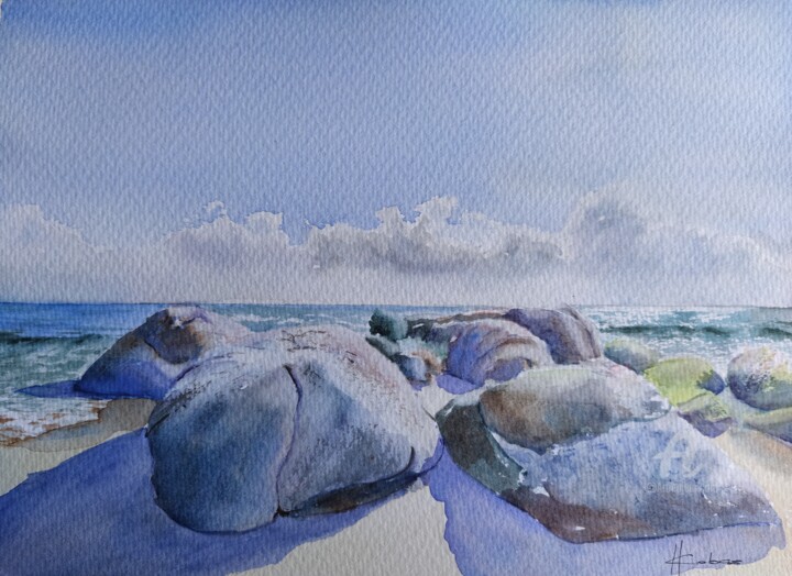 Pintura intitulada "Rocky Beach Shadows" por Horacio Cobas, Obras de arte originais, Aquarela