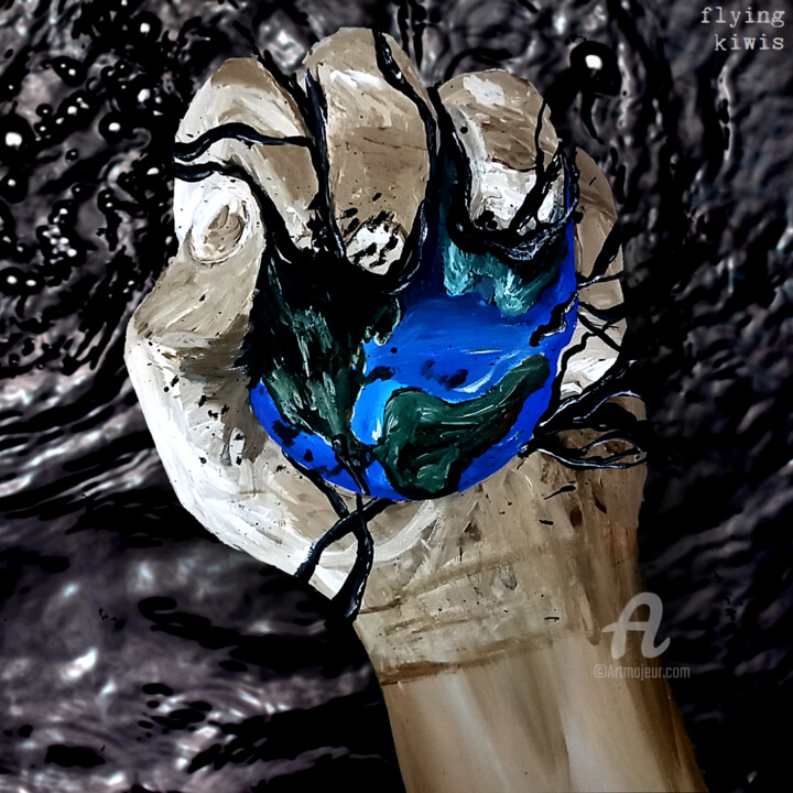 "Parasites" – humans destroying Earth for oil, acrylic Painting, 11.8x11.8 in