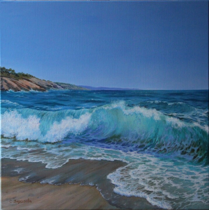 Painting titled "Sea coast" by Svetlana Verisova /Brezashka/, Original Artwork, Oil Mounted on Wood Stretcher frame