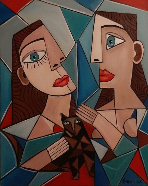 Deux femmes et un chat 绘画, 19.7x15.8 in