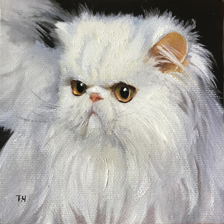 Miniature "White persian cat" 绘画, 3.9x3.9 in
