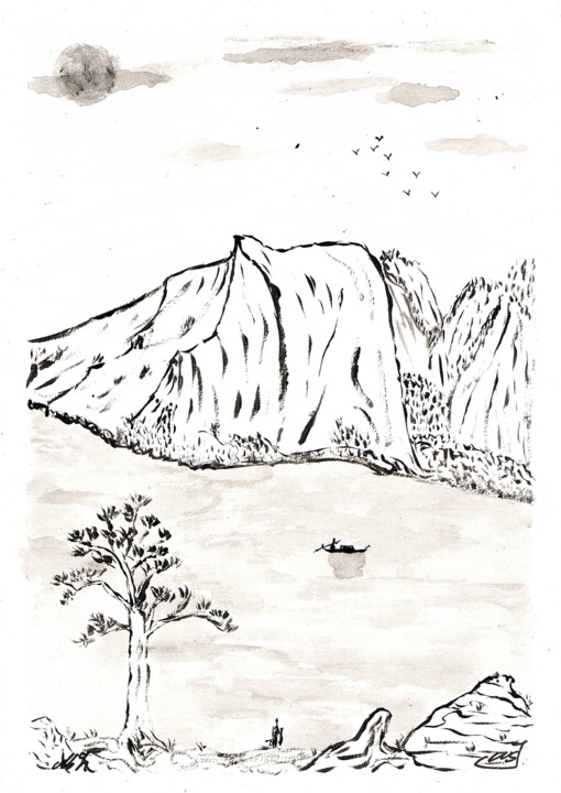 pecheur, Asie 绘画, 11.7x8.3 in