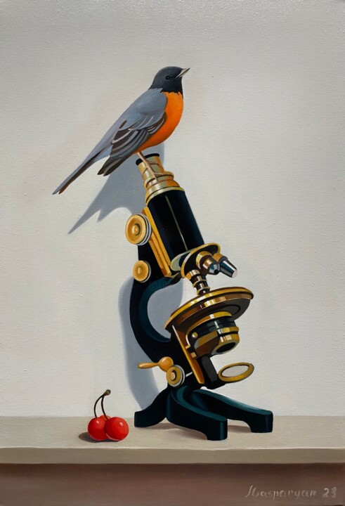 Still life with bird and microscope 绘画, 13.8x9.5 in