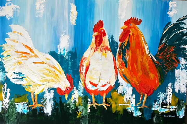 Colorful chickens 绘画, 31.5x47.2 in