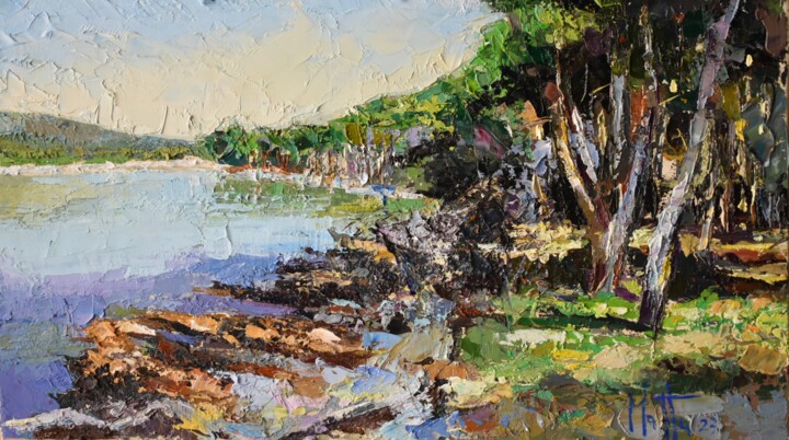 Painting titled "Una mattina in pine…" by Gianni Mattu, Original Artwork, Oil Mounted on Wood Panel